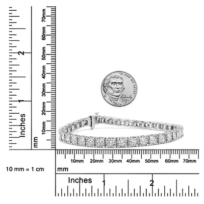 White bracelet with round white gemstones in miracle setting, displayed flat on rulers for size reference, front angled view.