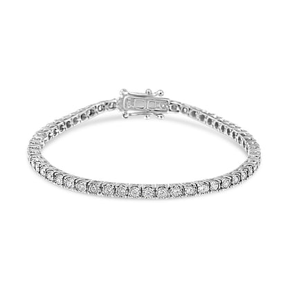 White metal bracelet with round white gemstones in miracle setting, shown from a front angle.