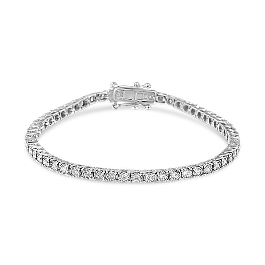 White metal bracelet with round white gemstones in miracle setting, shown from a front angle.