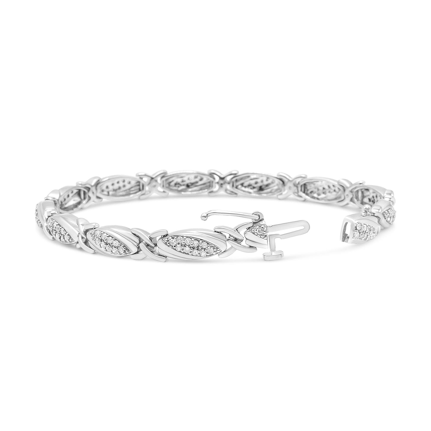White metal bracelet with linked sections featuring round white gemstones in prong settings, shown from a side angle with clasp open.