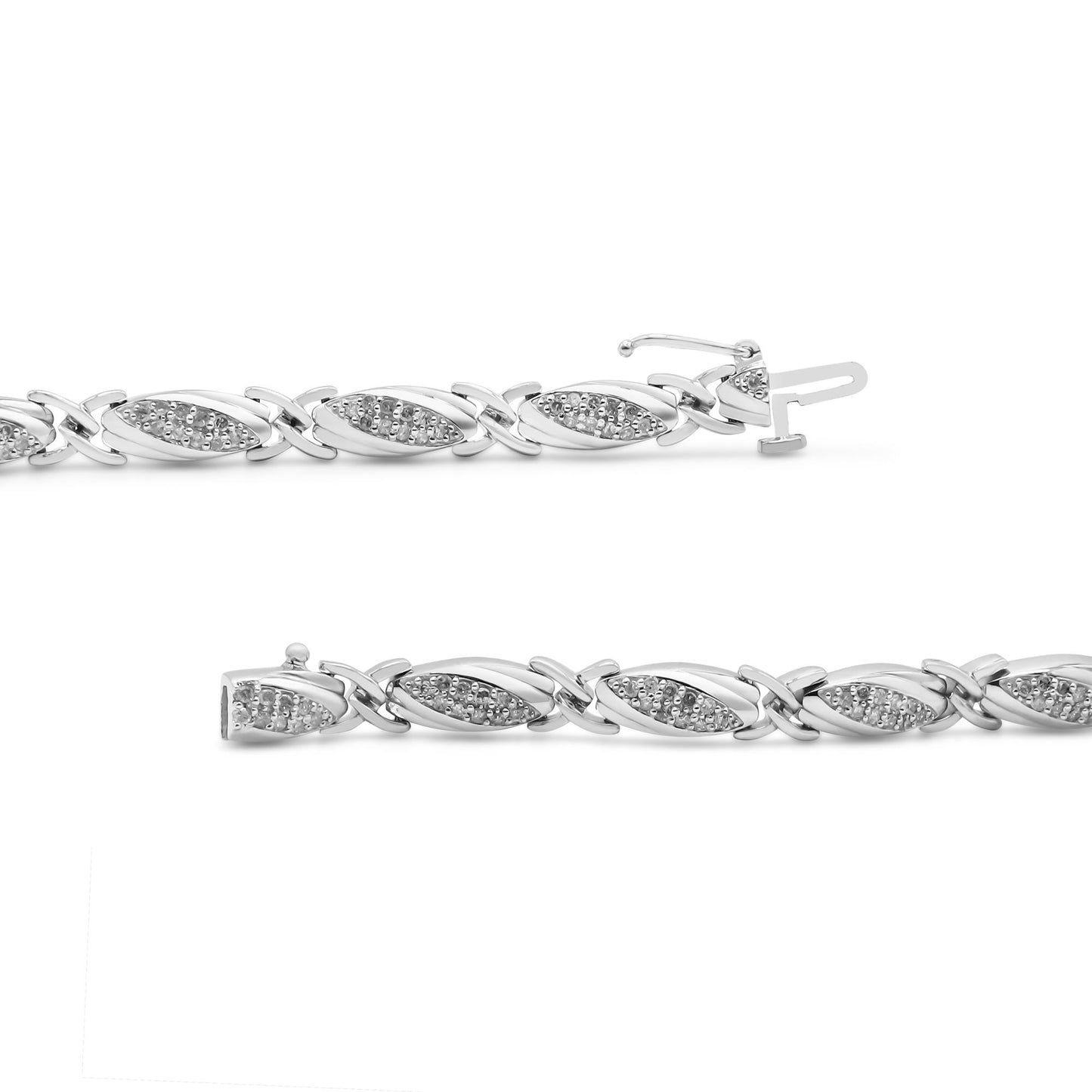 Close-up front angle of a white metal bracelet featuring alternating oval and X-shaped links, each oval link set with multiple small round white gemstones in prong settings.