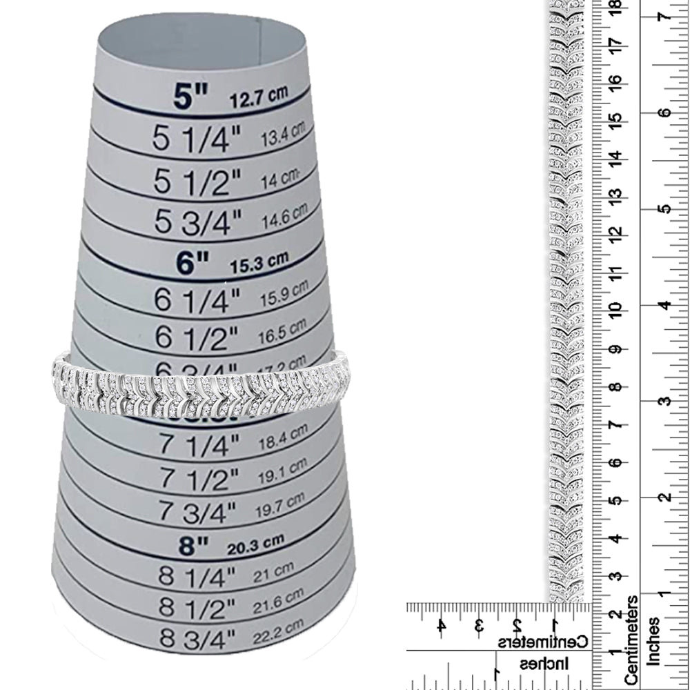 White bracelet with round white gemstones in pave setting, displayed on a bracelet sizing cone and next to a ruler for size reference, front and top angle.