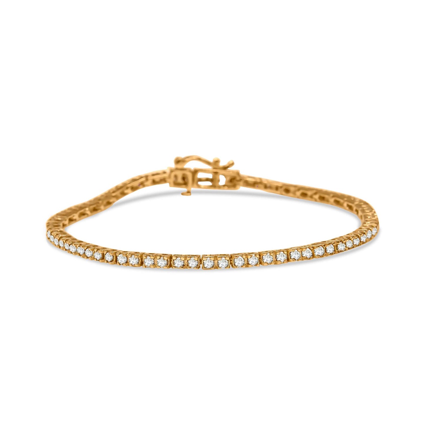 Yellow metal bracelet with round champagne-colored gemstones in prong settings, shown at a slight side angle.