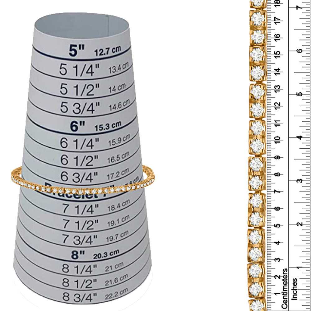 Yellow metal bracelet with round champagne-colored gemstones in prong settings, shown on a ring sizing cone and alongside a ruler for size reference, front and side views.