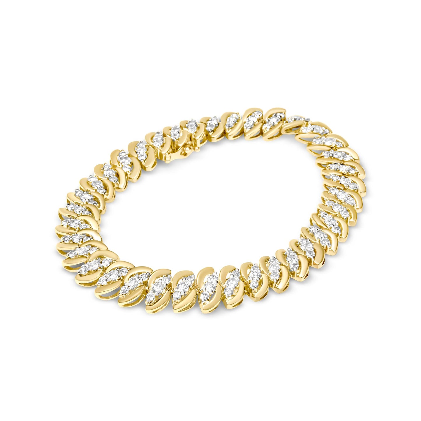Yellow metal bracelet with twisted links each set with clusters of small white round gemstones, shown from a top angled view on a white background.