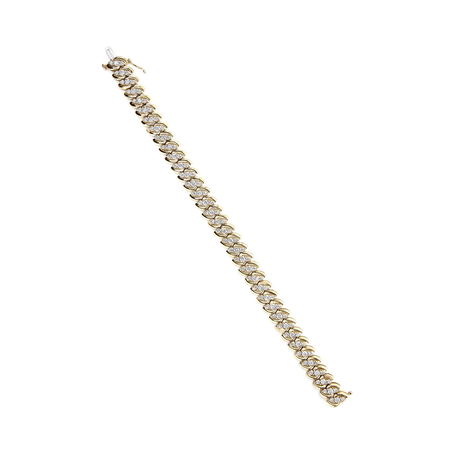 Yellow metal bracelet with links, each set with round white gemstones in prong settings, shown from a top-down angle on a white background.