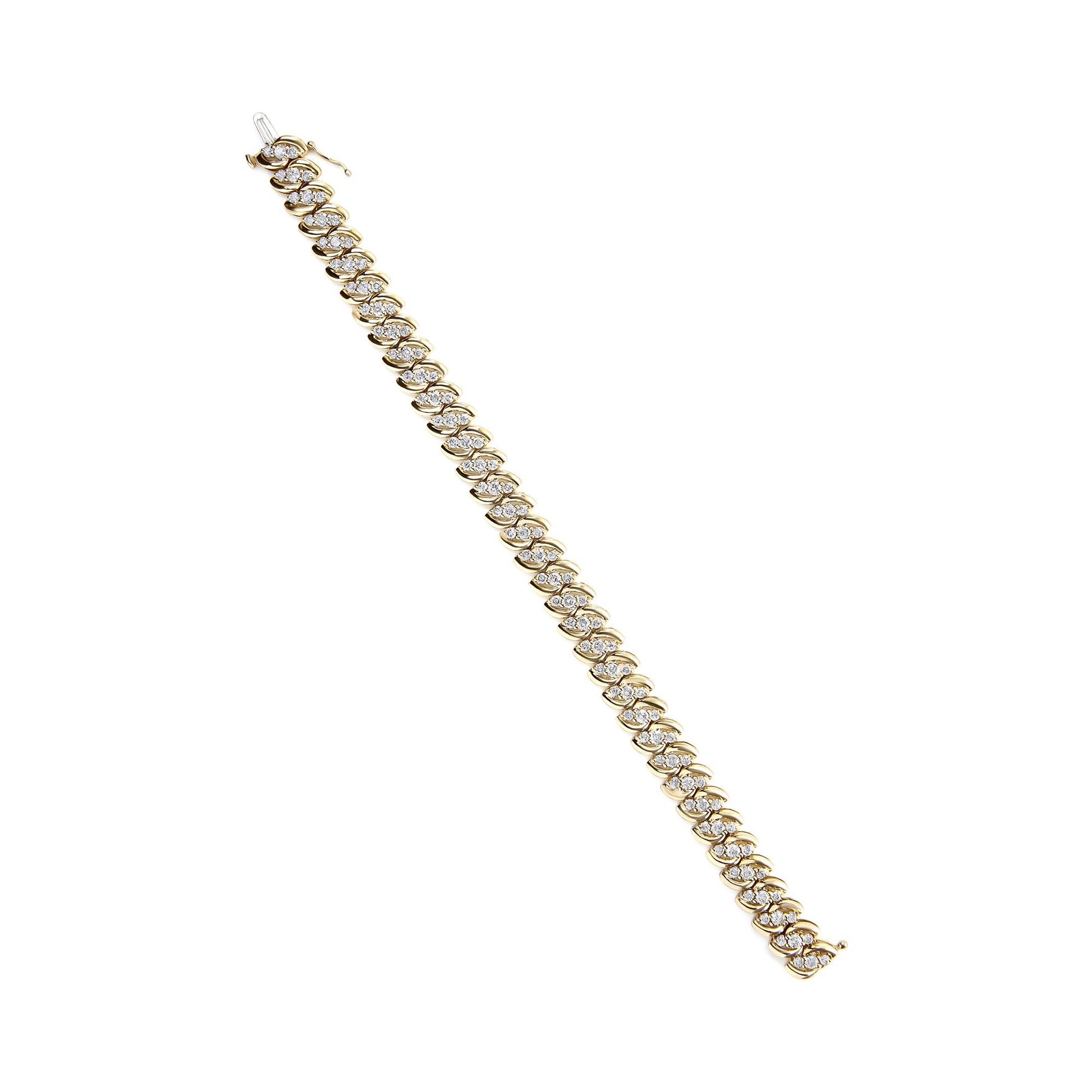Yellow metal bracelet with links, each set with round white gemstones in prong settings, shown from a top-down angle on a white background.