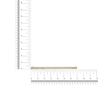 Yellow bracelet with two rows of white round gemstones in prong settings, displayed flat on rulers for size reference, shot from above.