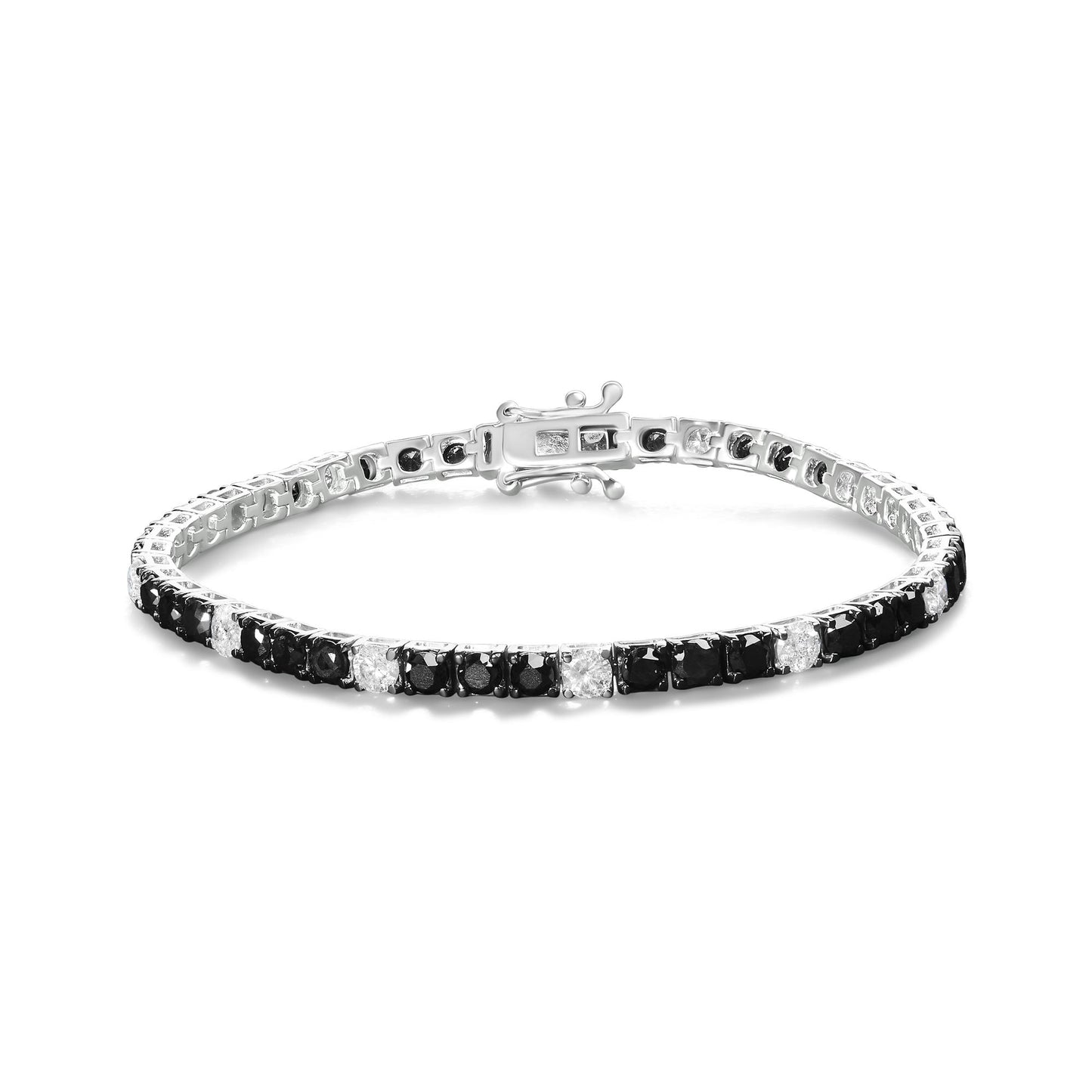 White metal bracelet with alternating black and white round gemstones in four-prong settings, shown from a slightly elevated front angle.