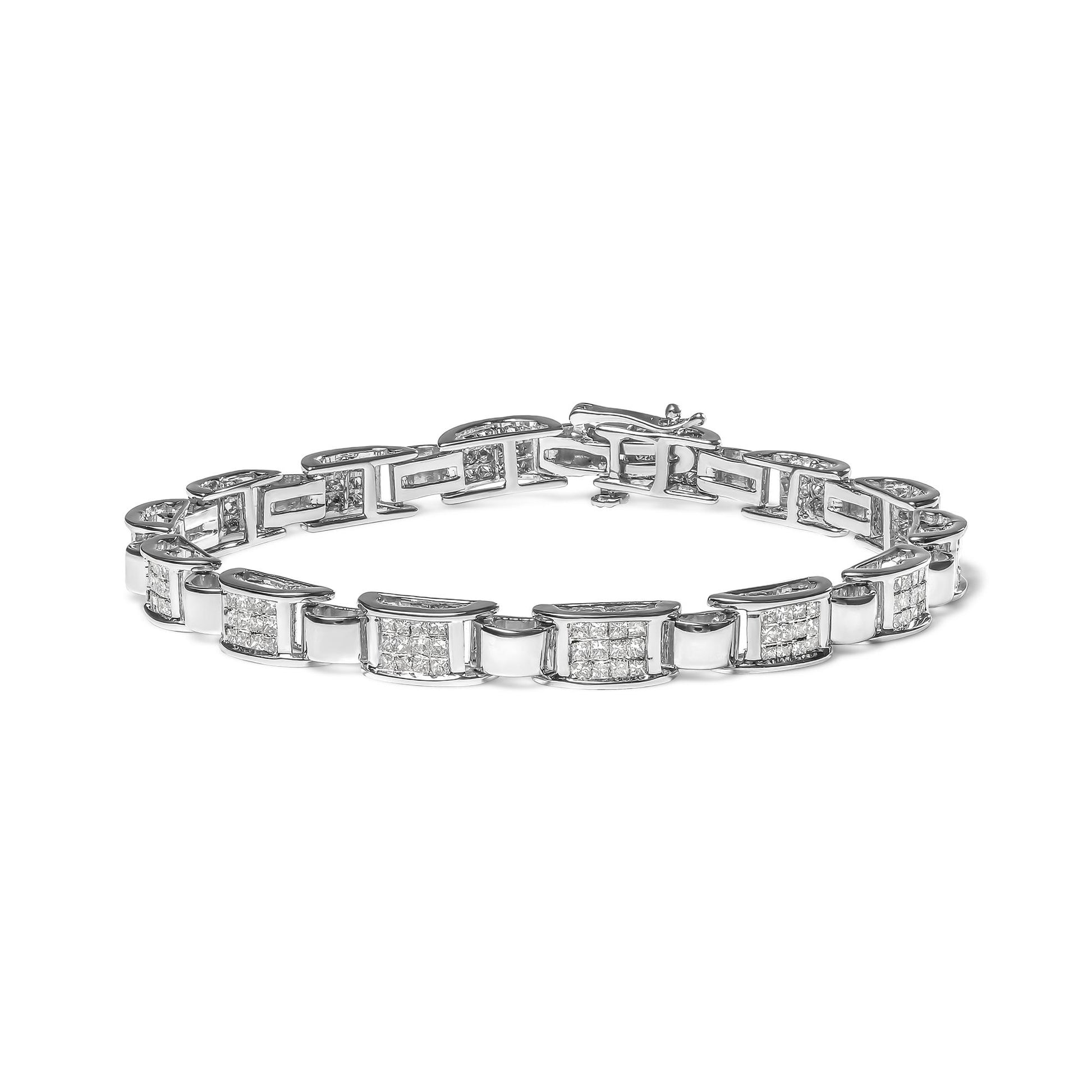 White metal bracelet with rectangular links featuring clusters of white gemstones in an invisible setting, shown from a front angle on a white background.