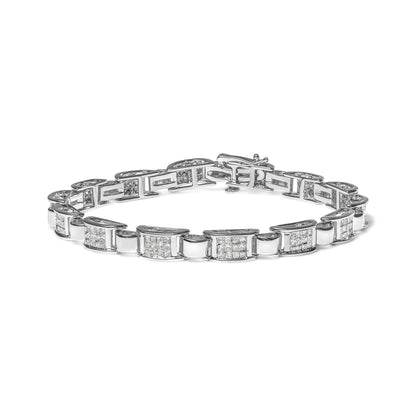 White metal bracelet with rectangular links featuring clusters of white gemstones in an invisible setting, shown from a front angle on a white background.