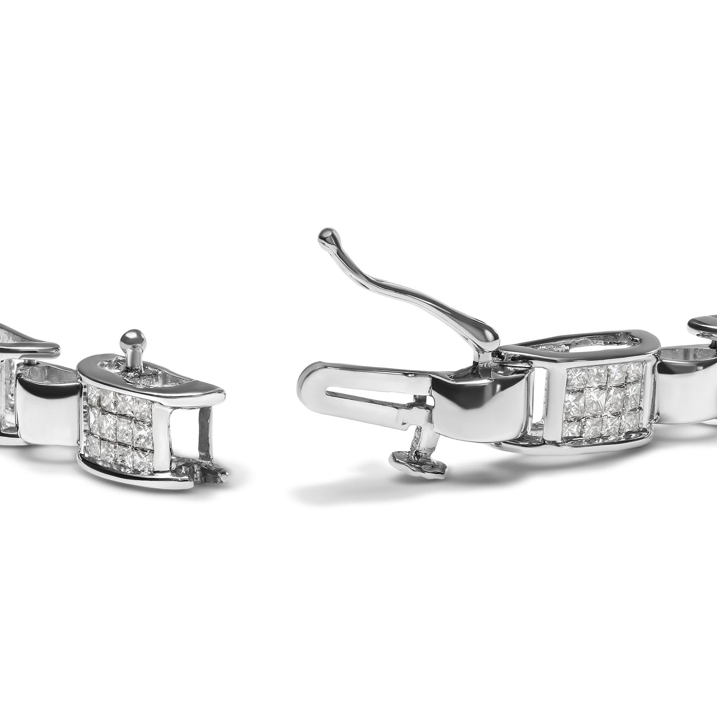 Close-up angled view of a white metal bracelet clasp featuring two sections set with multiple princess-shaped white gemstones in an invisible setting.
