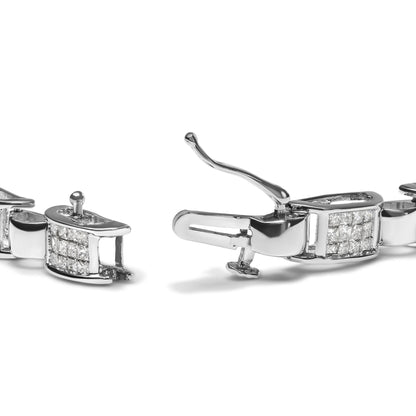 Close-up angled view of a white metal bracelet clasp featuring two sections set with multiple princess-shaped white gemstones in an invisible setting.