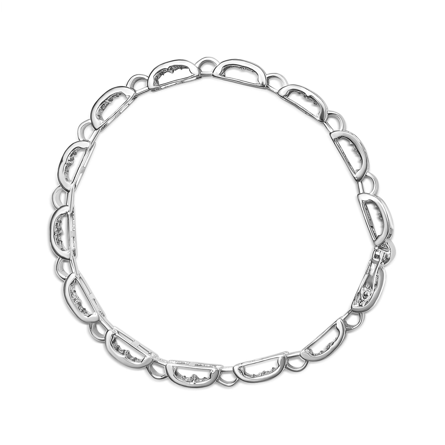 Top-down view of a white metal bracelet featuring linked half-circle shapes with invisible-set white gemstones.