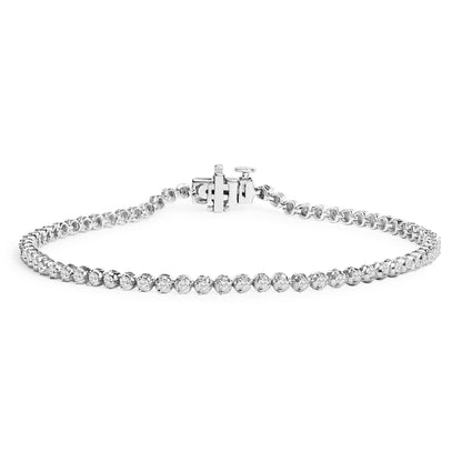 Close-up front view of a white metal bracelet with round white gemstones in prong settings, showing the clasp details.