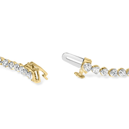 Close-up image of a yellow bracelet with round white gemstones in prong settings, showing the clasp mechanism, photographed from a side angle.