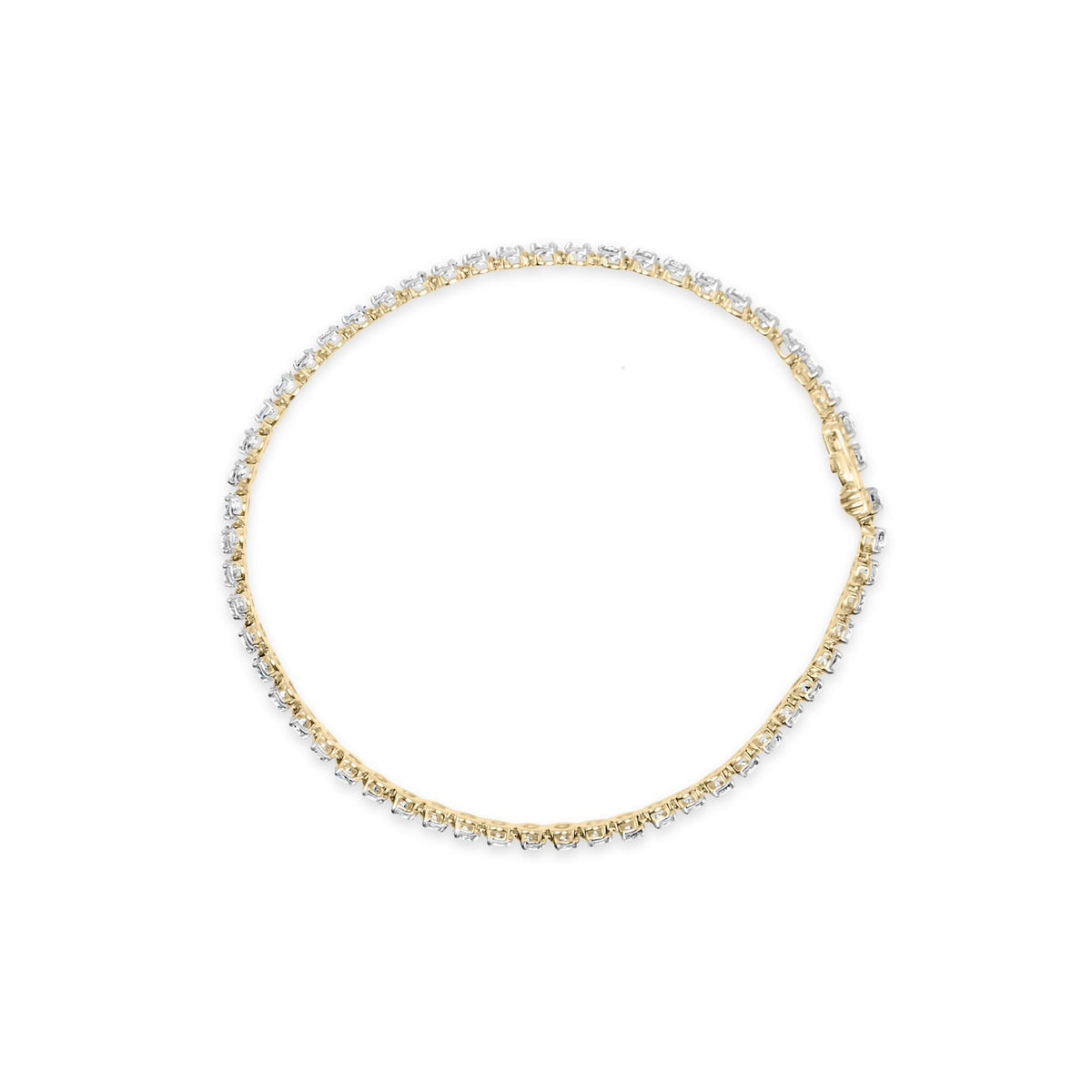 Close-up top view of a yellow metal bracelet featuring round white gemstones in prong settings along its length.
