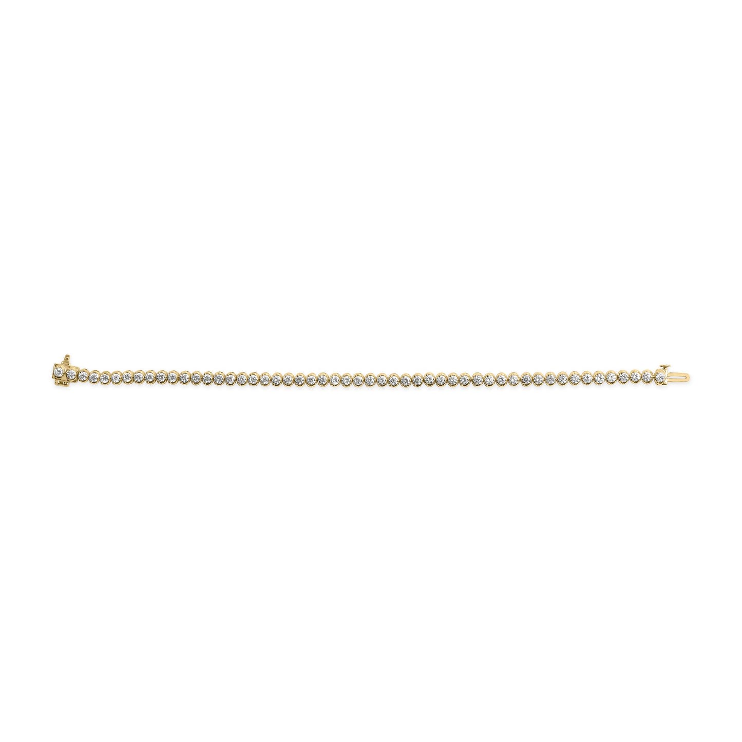 Top-down view of a yellow metal bracelet with a row of round white gemstones in prong settings.