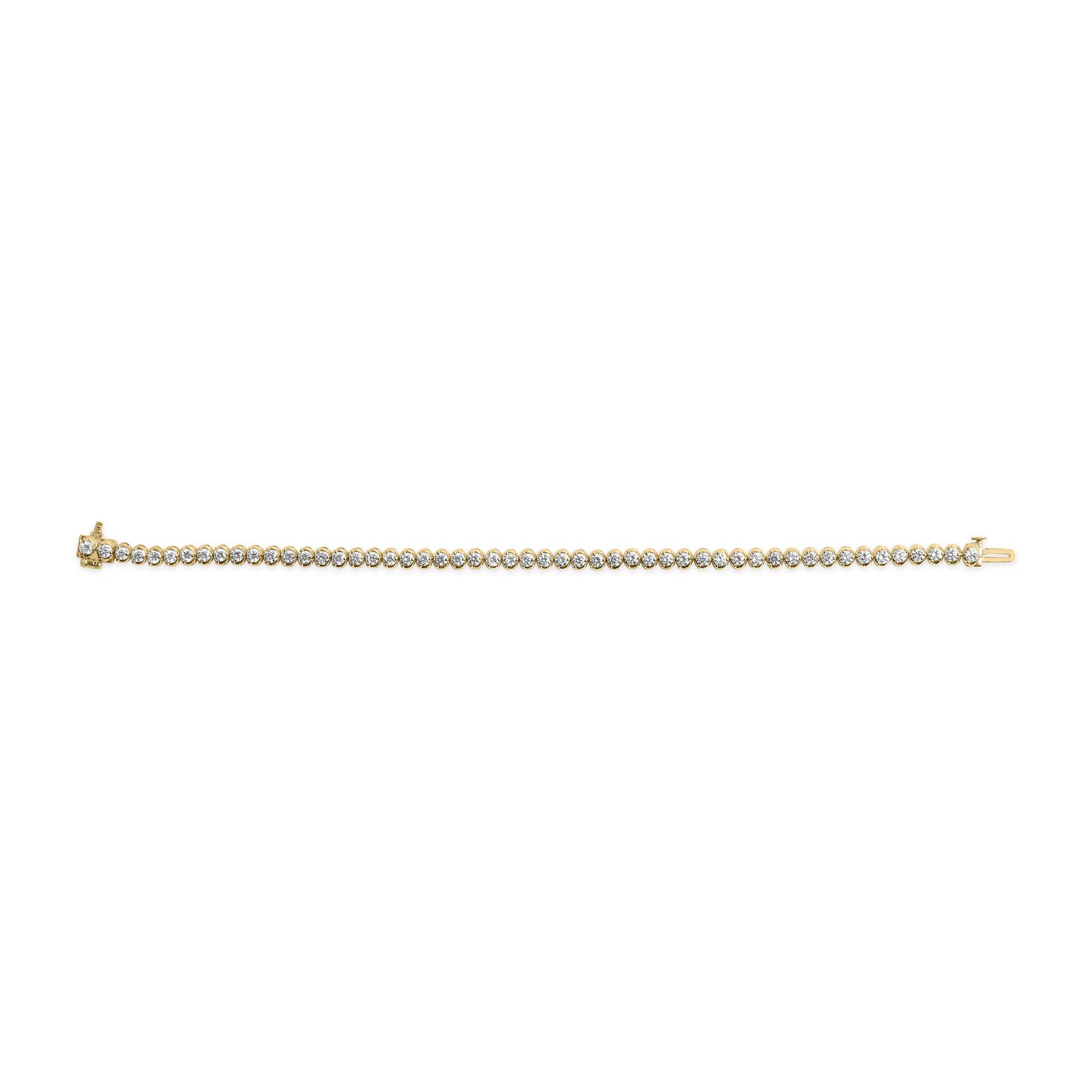 Top-down view of a yellow metal bracelet with a row of round white gemstones in prong settings.