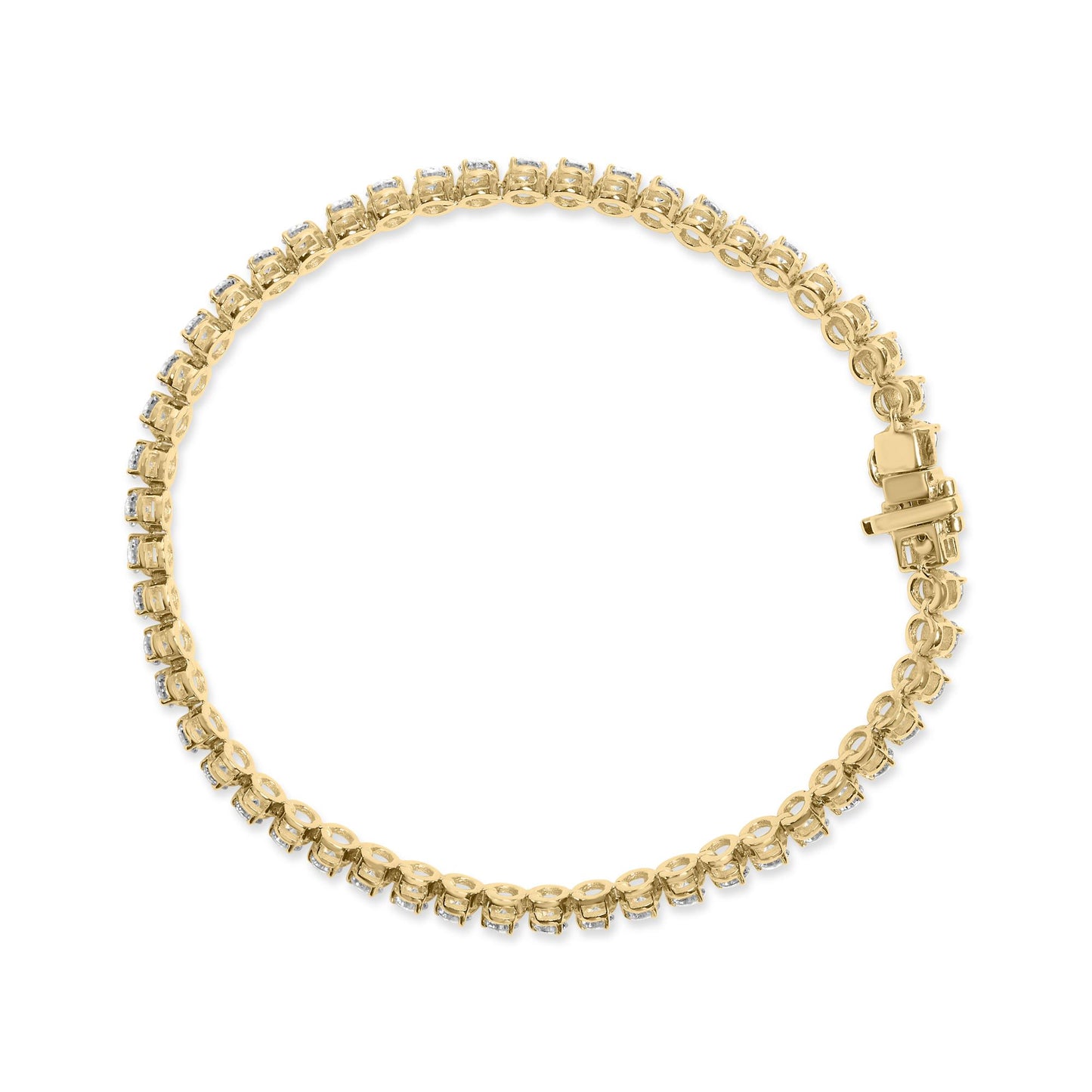 Top-down view of a yellow metal bracelet with round white gemstones in prong settings encircling the entire piece and a box clasp closure.
