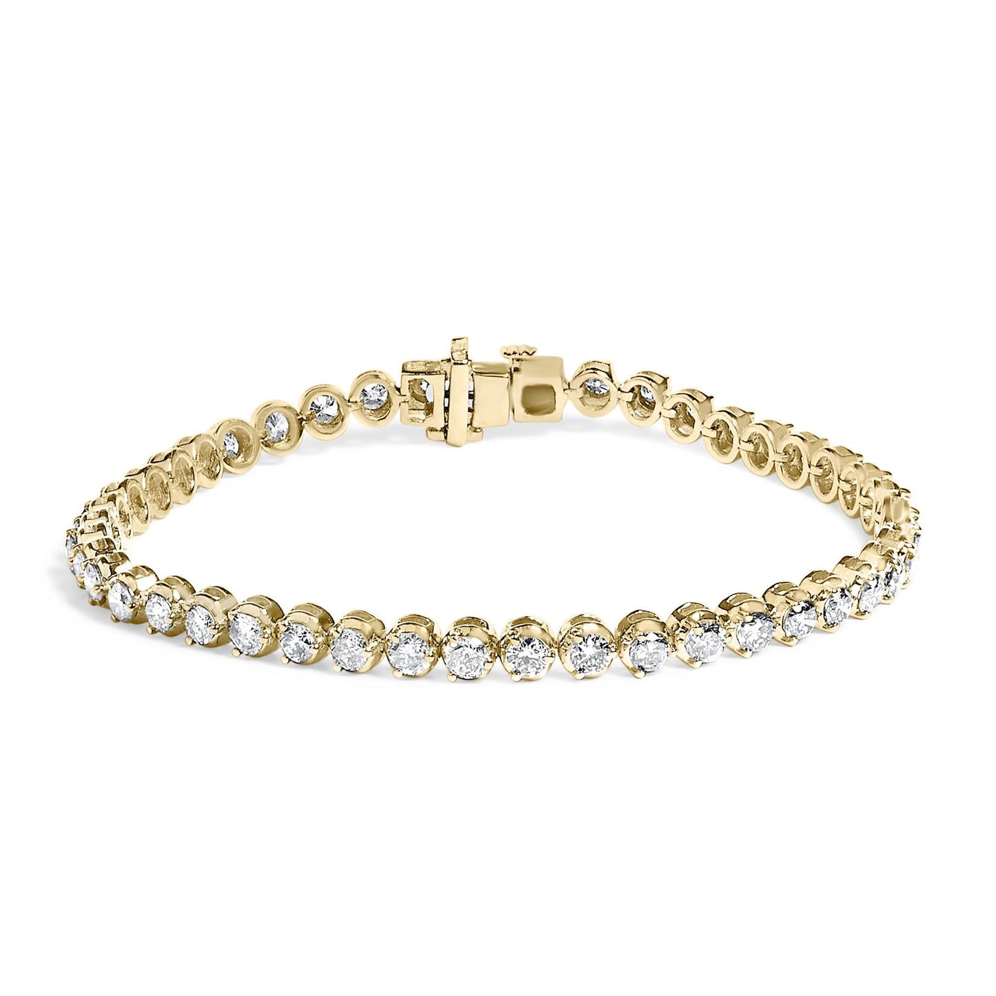 Yellow metal bracelet with round white gemstones in prong settings, shown in a close-up front view on a white background.