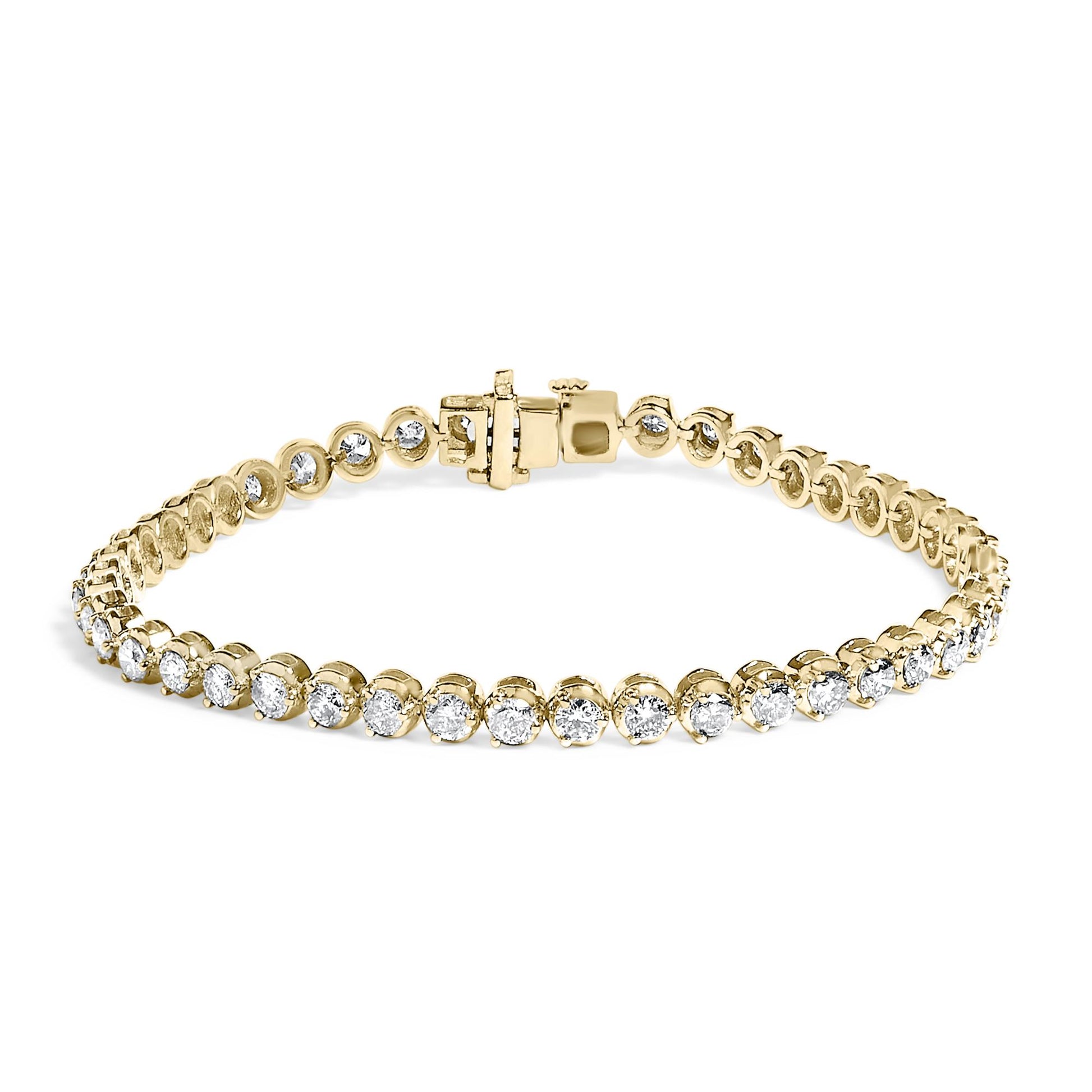 Yellow metal bracelet with round white gemstones in prong settings, shown in a close-up front view on a white background.