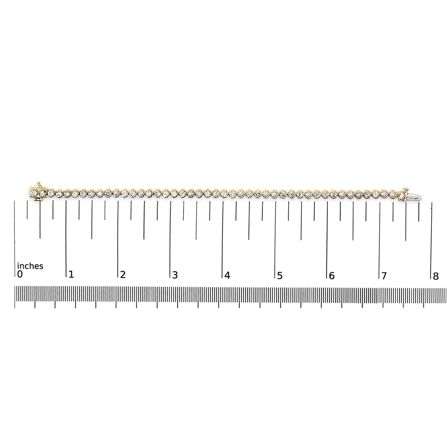 Close-up front view of a yellow metal bracelet with round white gemstones in prong settings, shown on a ruler scale.