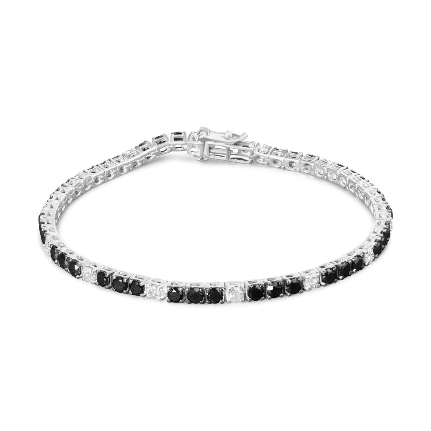 White metal bracelet with alternating round black and white gemstones in four-prong settings, shown from a slightly elevated angle.