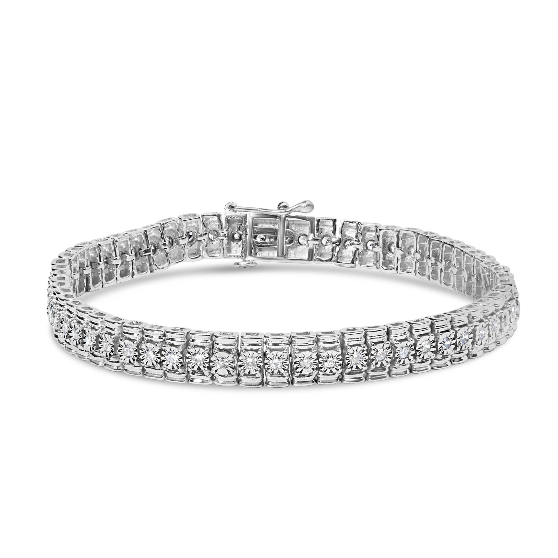 White metal bracelet with round white gemstones set in prong settings, shown from the front angle.