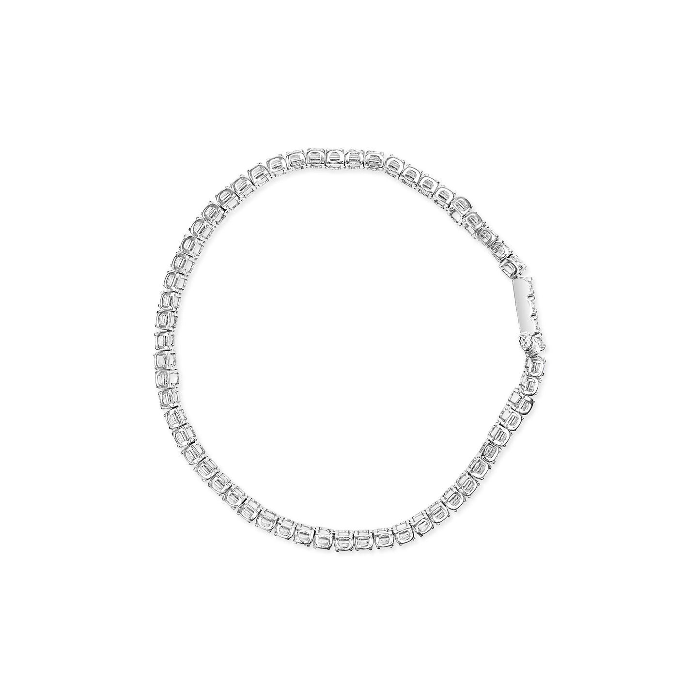 Top-down view of a white metal tennis bracelet with round white gemstones in prong settings.
