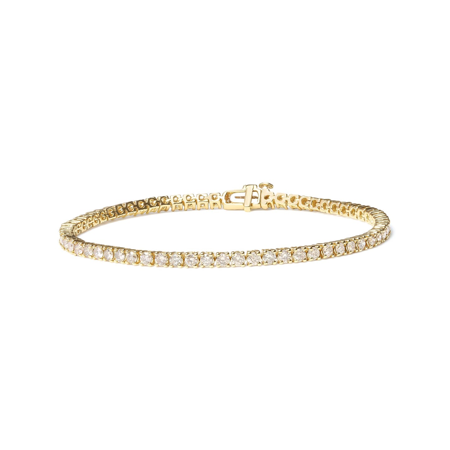 Yellow metal bracelet with round brownish gemstones in 4-prong settings, shown from the front angle on a white background.