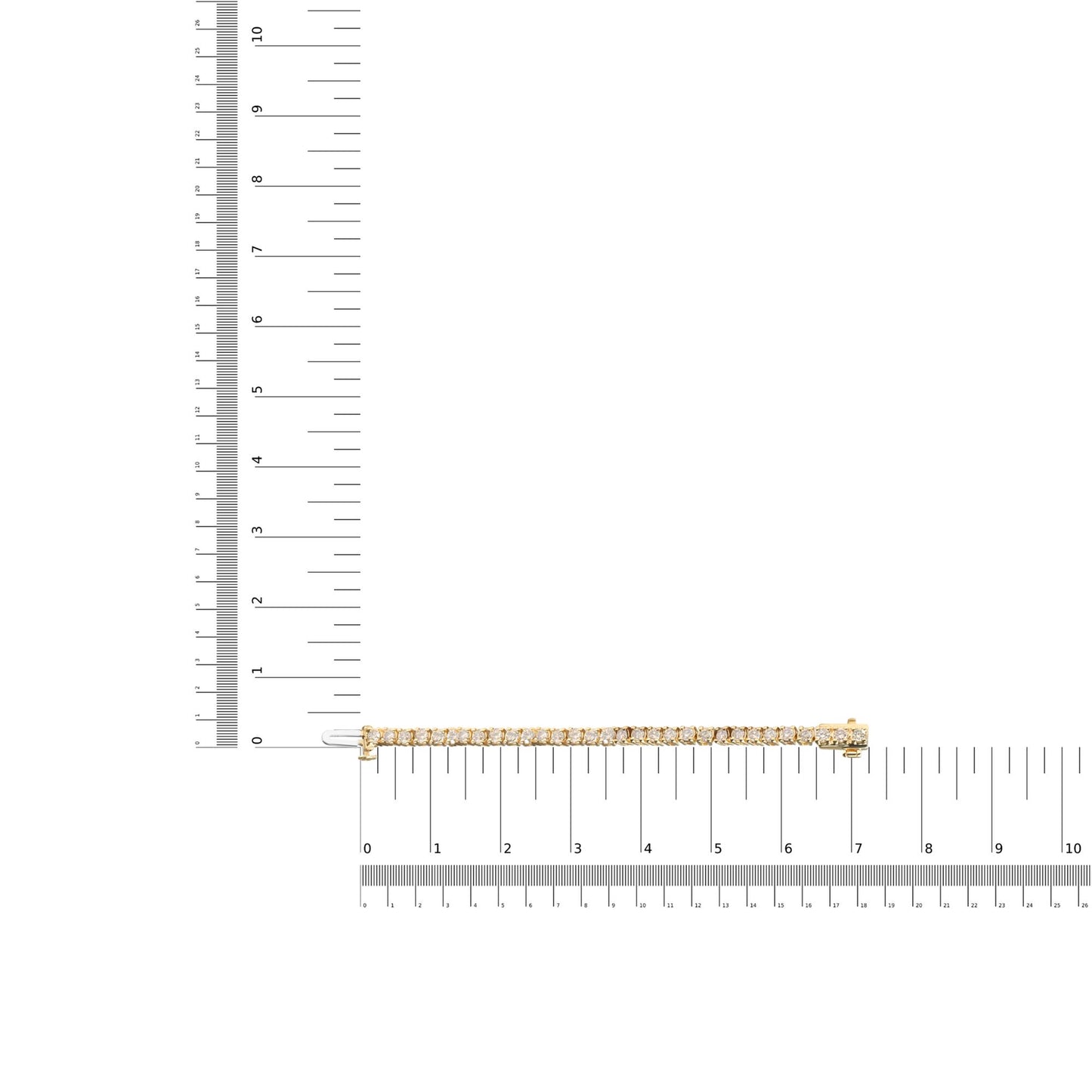 Yellow bracelet with round brownish gemstones in 4-prong settings, laid flat on a ruler for size reference, shot from above.