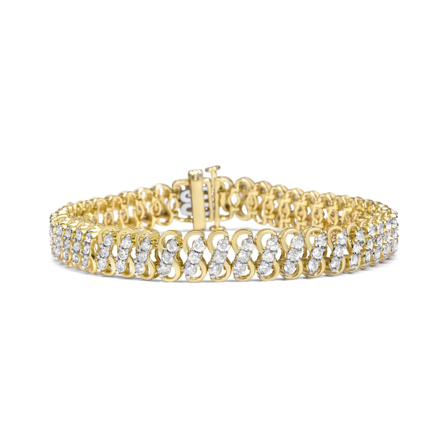 Yellow metal bracelet with multiple rows of round white gemstones in shared prong settings, shown from a front angled view.