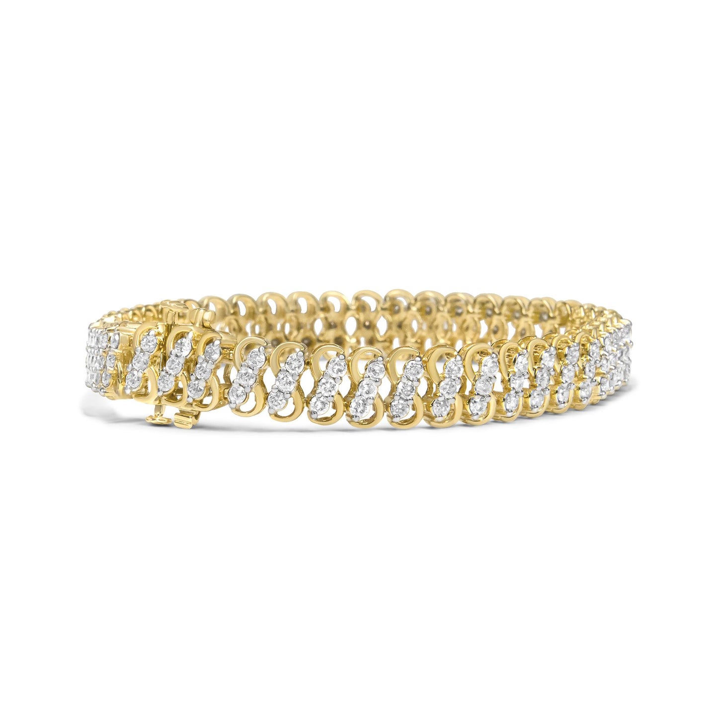 Yellow bracelet with two rows of white round gemstones in shared prong setting, shown from a front side angle on a white background.