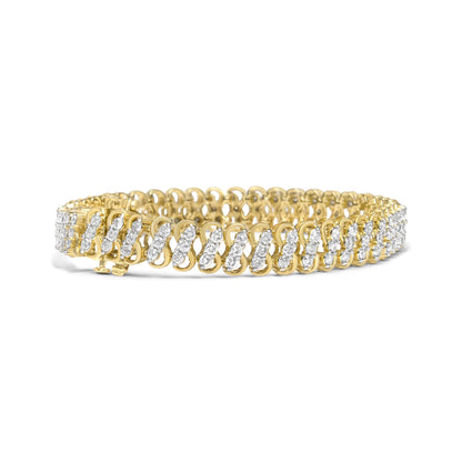 Yellow bracelet with two rows of white round gemstones in shared prong setting, shown from a front side angle on a white background.