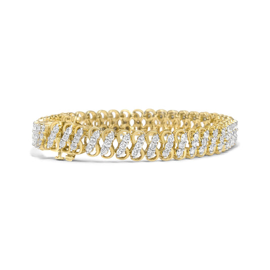 Yellow bracelet with two rows of white round gemstones in shared prong setting, shown from a front side angle on a white background.