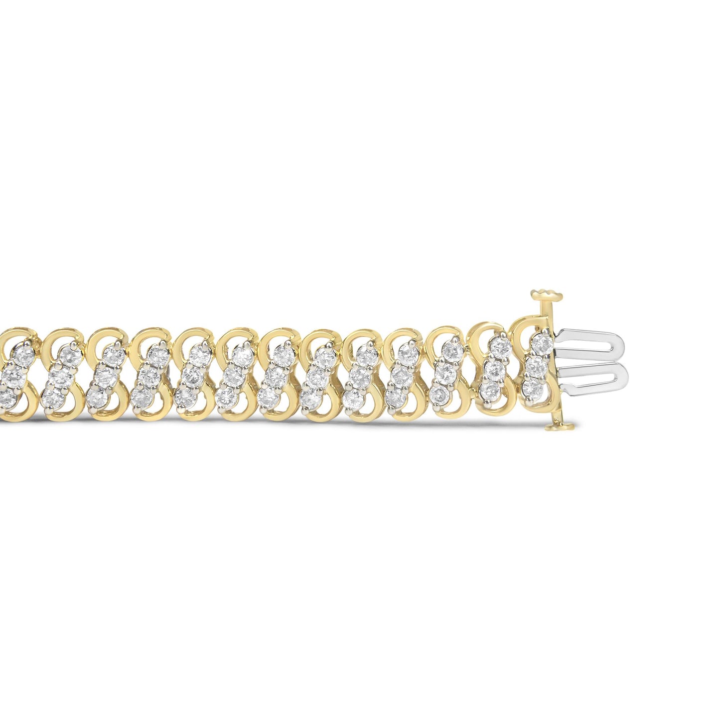 Close-up side angle of a yellow metal bracelet with alternating rows of round white gemstones in shared prong settings.