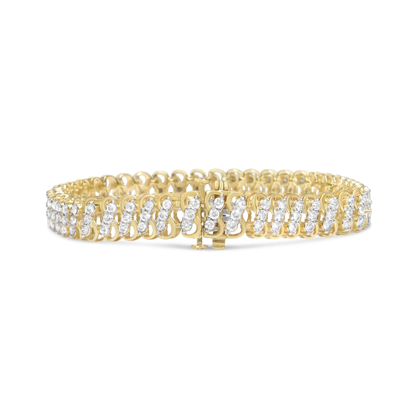 Yellow metal bracelet with two rows of round white gemstones in shared prong setting, shown from a front angle.
