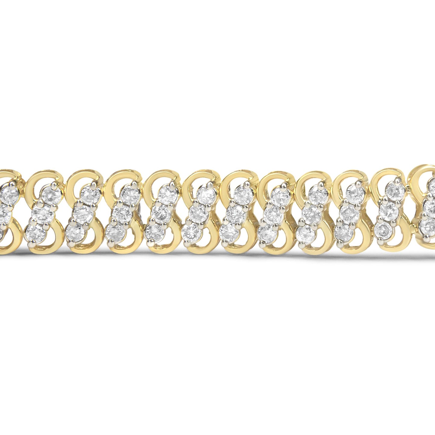 Close-up front view of a yellow bracelet featuring linked loops with clusters of round white gemstones in a shared prong setting.