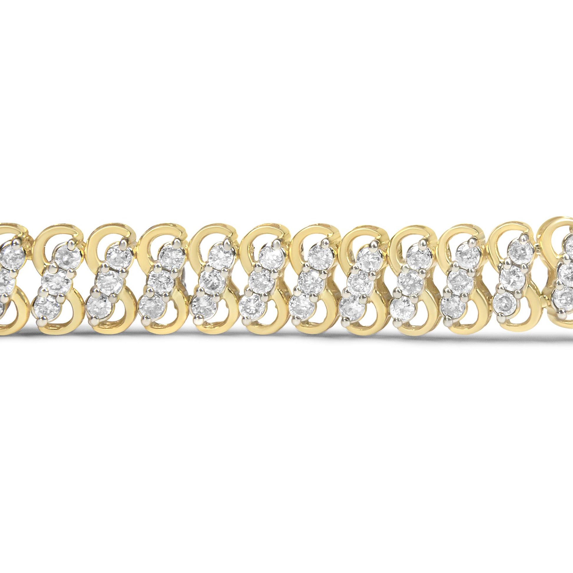 Close-up front view of a yellow bracelet featuring linked loops with clusters of round white gemstones in a shared prong setting.