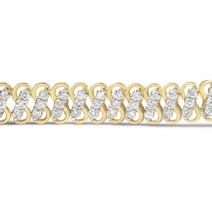 Close-up front view of a yellow bracelet featuring linked loops with clusters of round white gemstones in a shared prong setting.