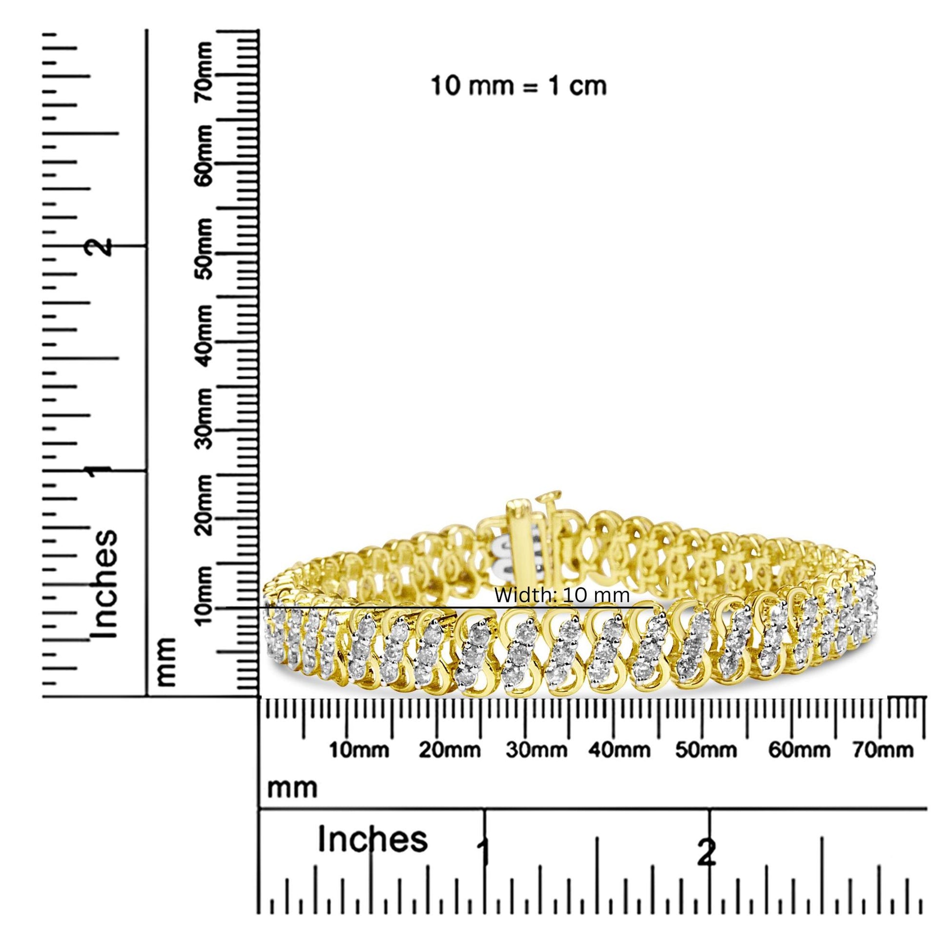 Yellow metal bracelet with rows of round white gemstones in shared prong settings, photographed from a front angle, placed on rulers for size reference.
