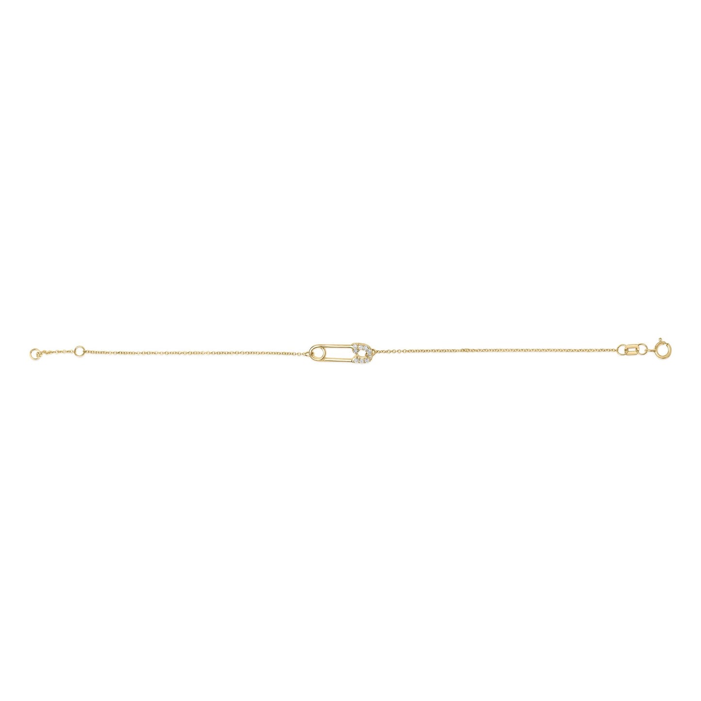 Yellow metal bracelet with a safety pin-shaped centerpiece adorned with white round gemstones, shown from a top-down angle on a white background.