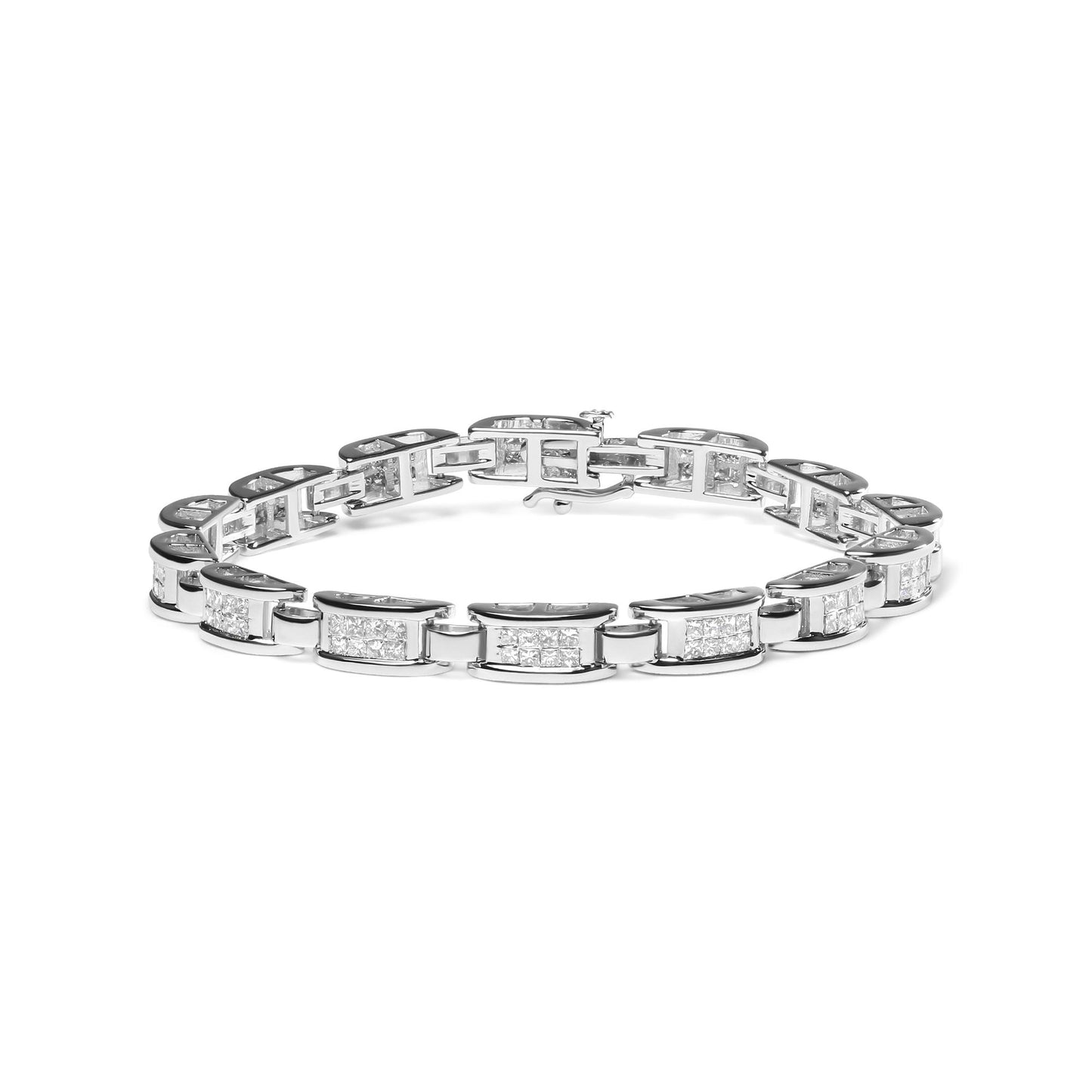 White metal bracelet with rectangular links, each set with multiple square white gemstones in an invisible setting, shown from a low front angle on a white background.