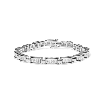White metal bracelet with rectangular links, each set with multiple square white gemstones in an invisible setting, shown from a low front angle on a white background.
