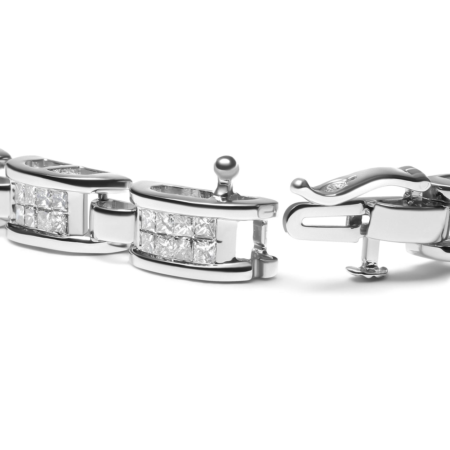 Close-up side angle of a white metal bracelet featuring princess-shaped white gemstones in invisible settings.