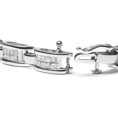 Close-up side angle of a white metal bracelet featuring princess-shaped white gemstones in invisible settings.