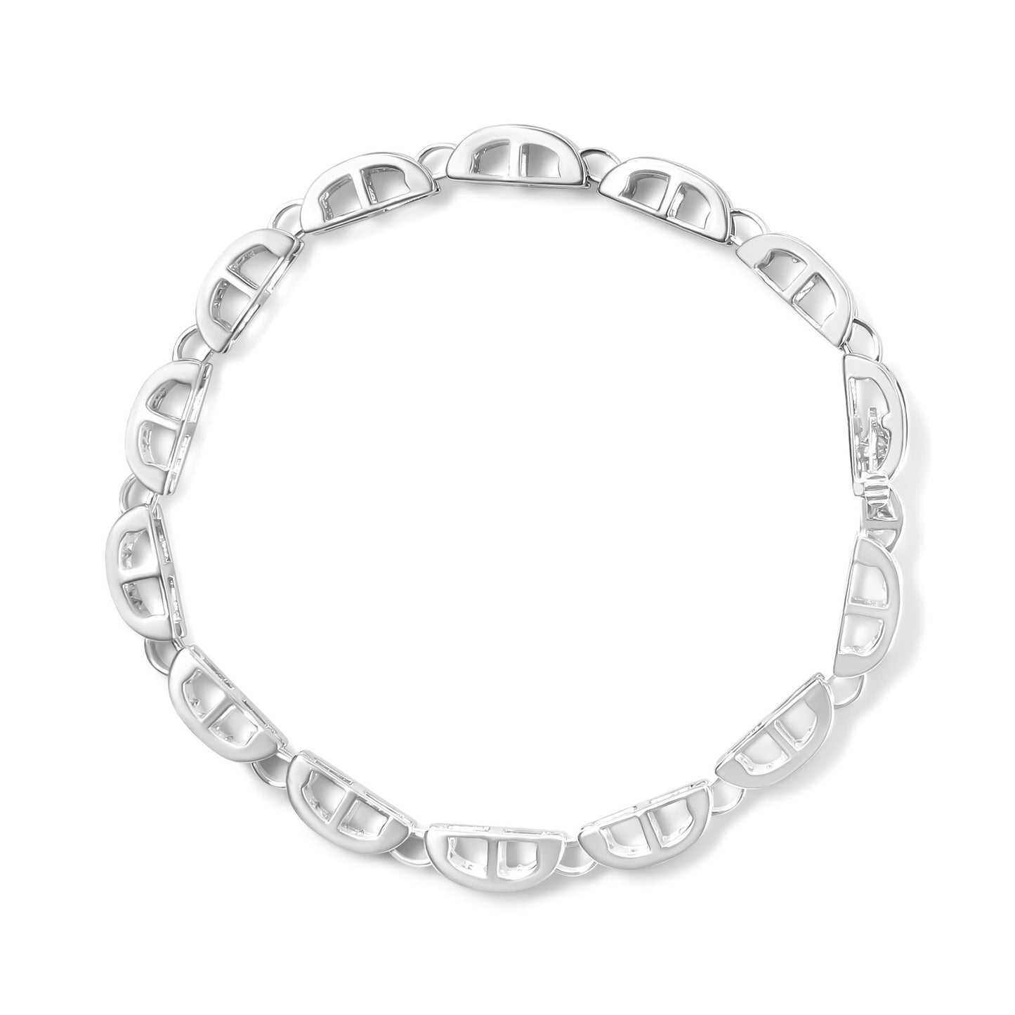 Top-down view of a white metal bracelet with curved links featuring square-shaped invisible-set white gemstones.