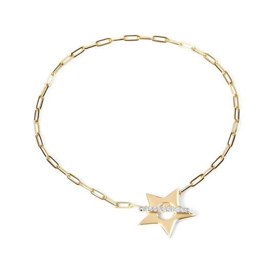 Close-up front angle of a yellow metal bracelet with rectangular chain links and a star-shaped charm featuring a horizontal bar set with white round gemstones in prong settings.