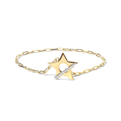 Yellow bracelet with a star-shaped charm featuring a diagonal bar set with round white gemstones, shown on a white background from a slightly angled front view.